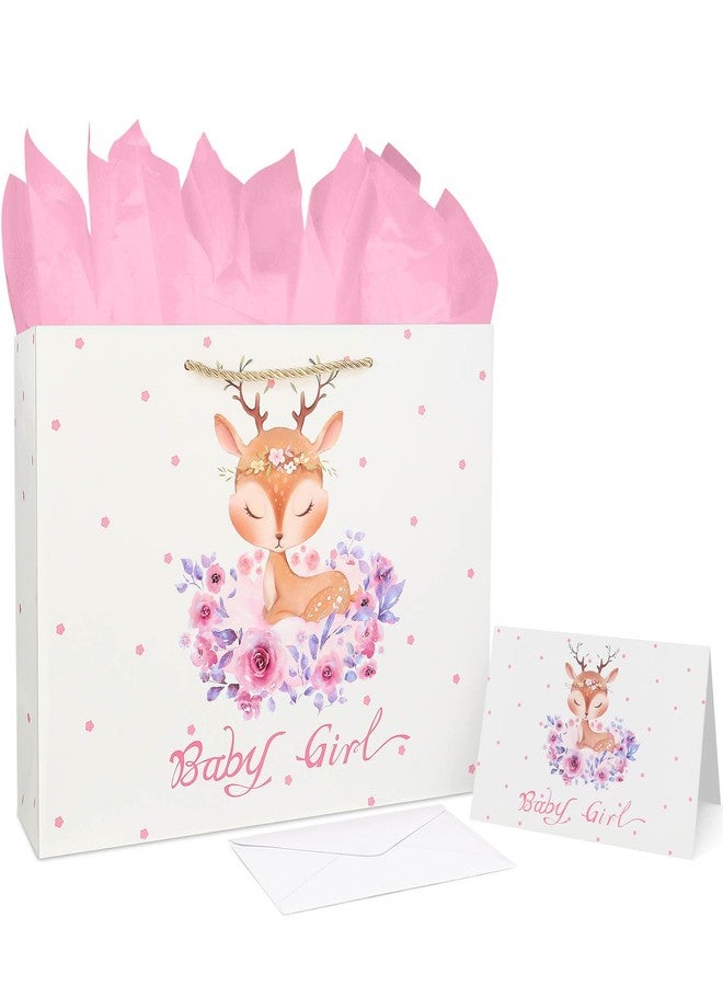 Oletx 13" Baby Shower Pink Gift Bag,Pink Party Favor Bag With Tissue Paper Greeting Card(Deer Design) - Image 1